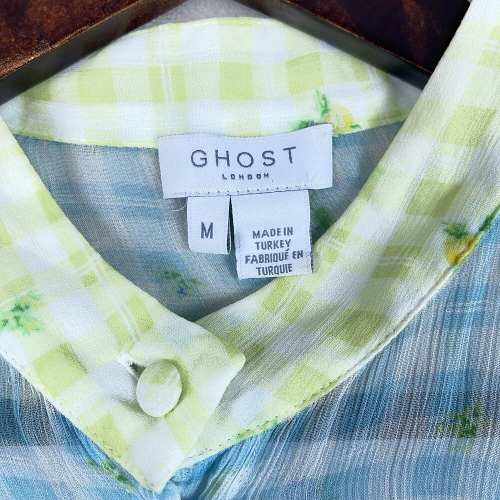Ghost London Bella Blouse Medium Gingham Botanical Semi Sheer Crepe Picnic-core - Picture 5 of 13